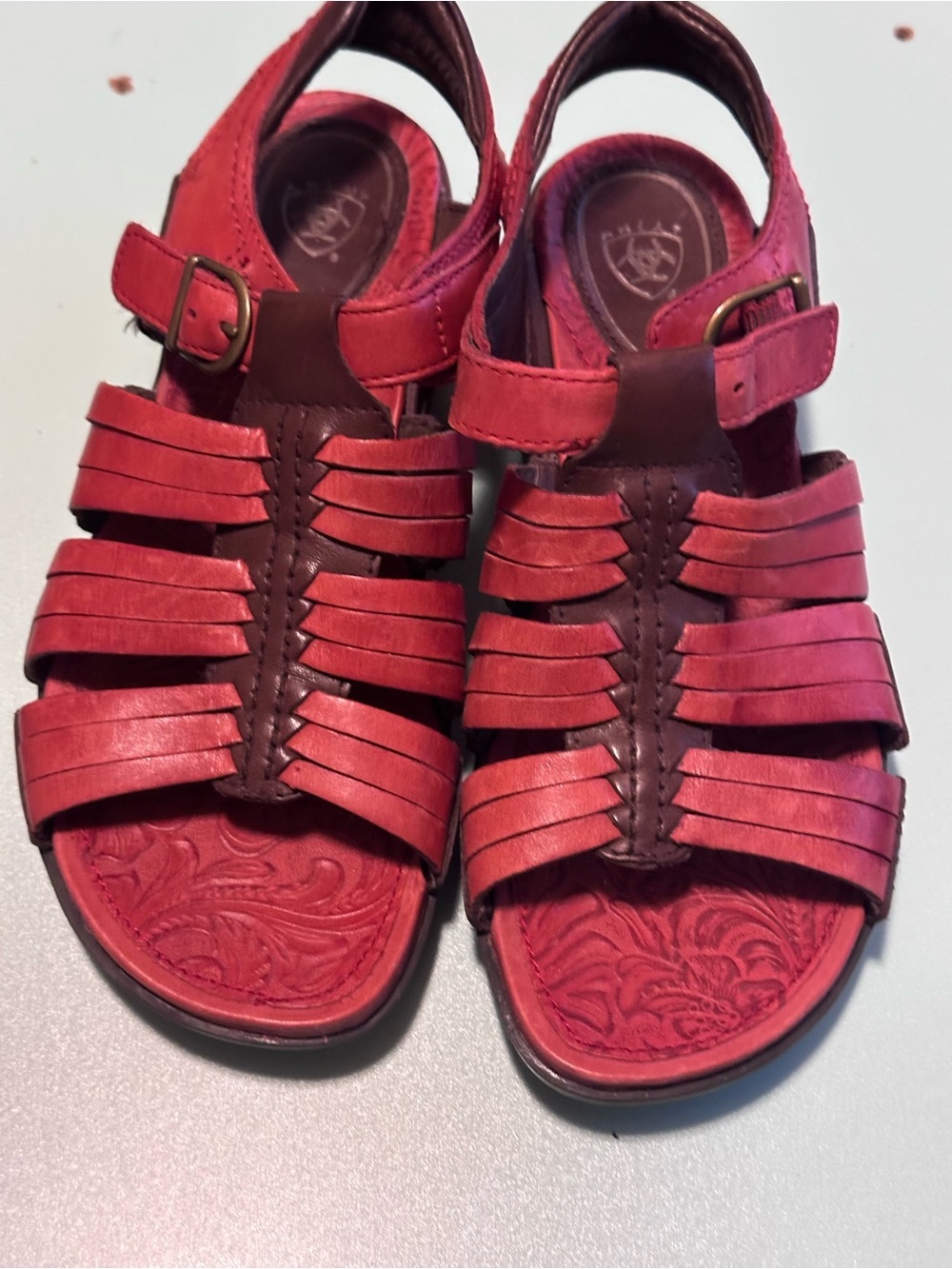 Ariat Red Leather  Open Toe Buckle Strap Sandals Womens 7 Cushion Western new